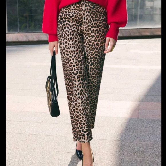 Women's Leopard Print Pattern Pants, Elegant For Commuting, Brown, - Picture 1 of 5